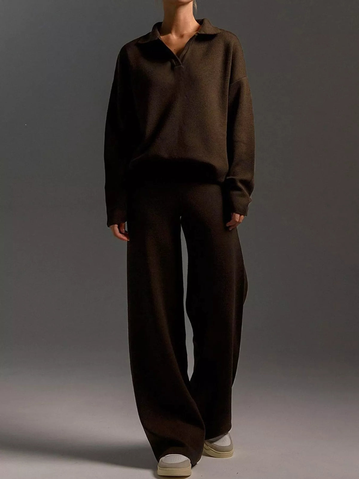 Polo top and pants set, brown full front