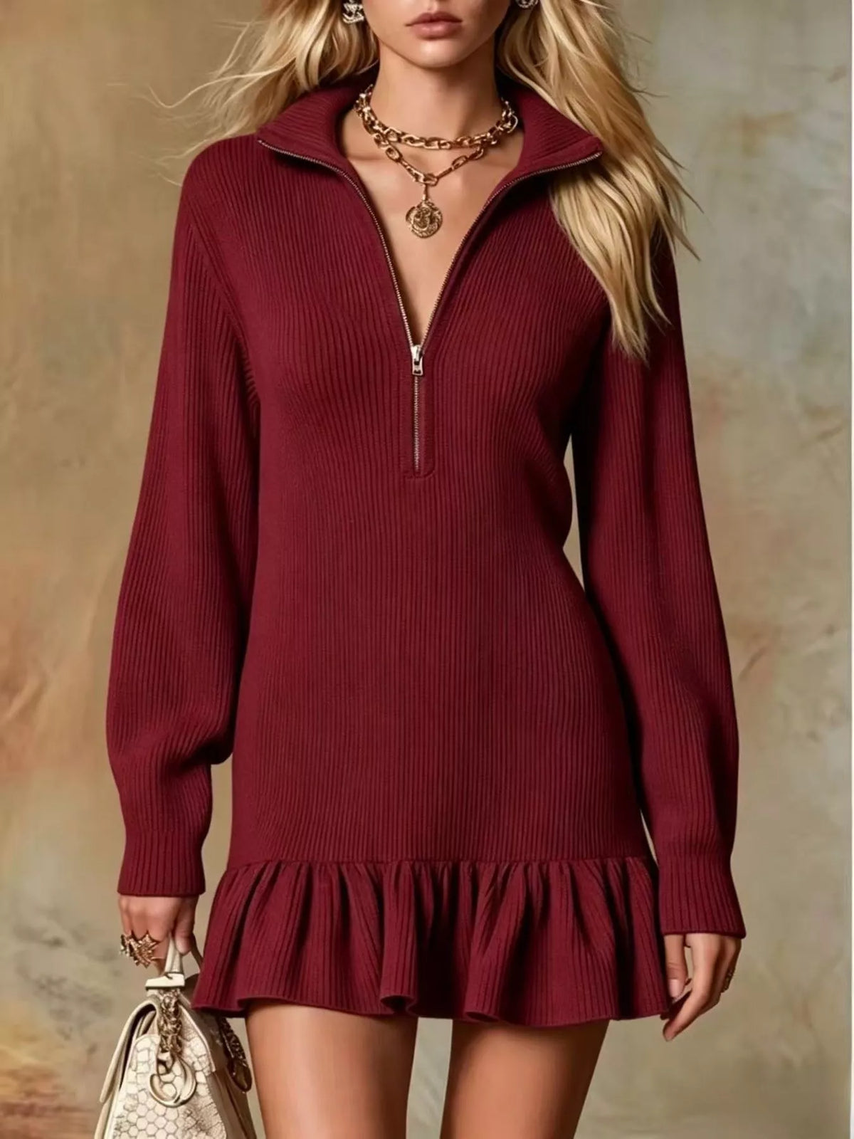 Burgundy half-zip ruffle-hem dress, front view