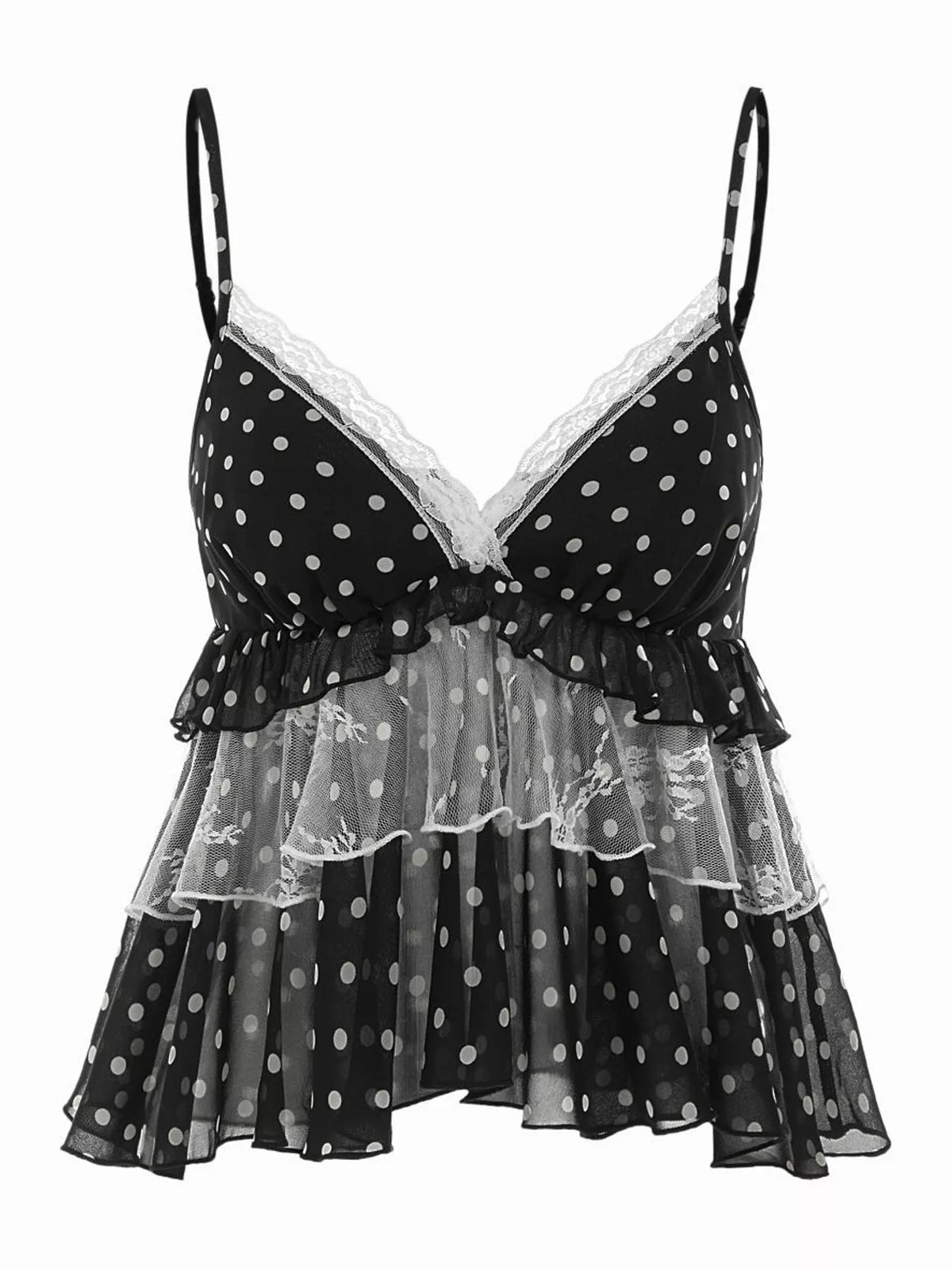 Black and white polka dot ruffled lace trim cami