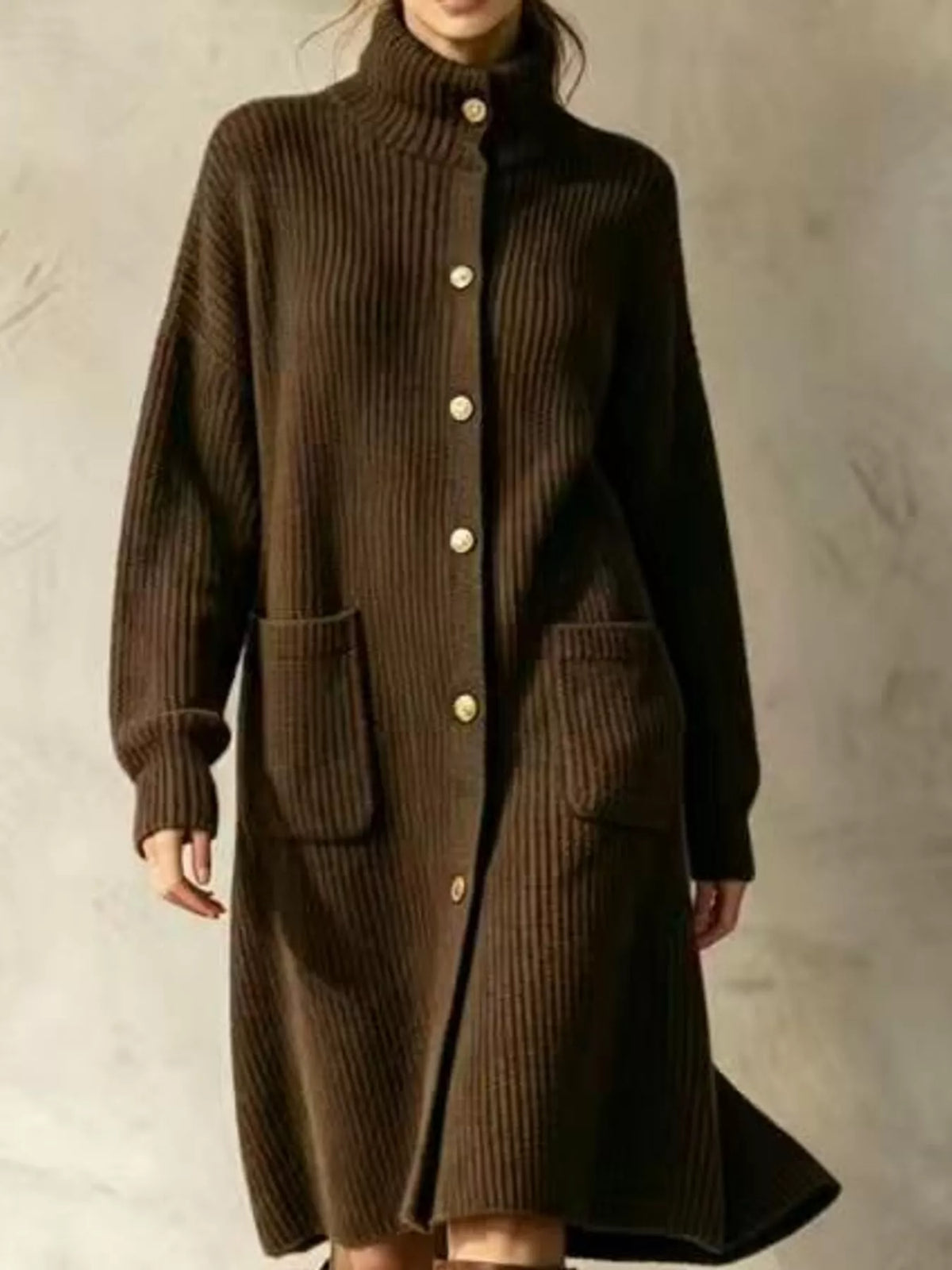 Brown ribbed turtleneck longline cardigan, front view