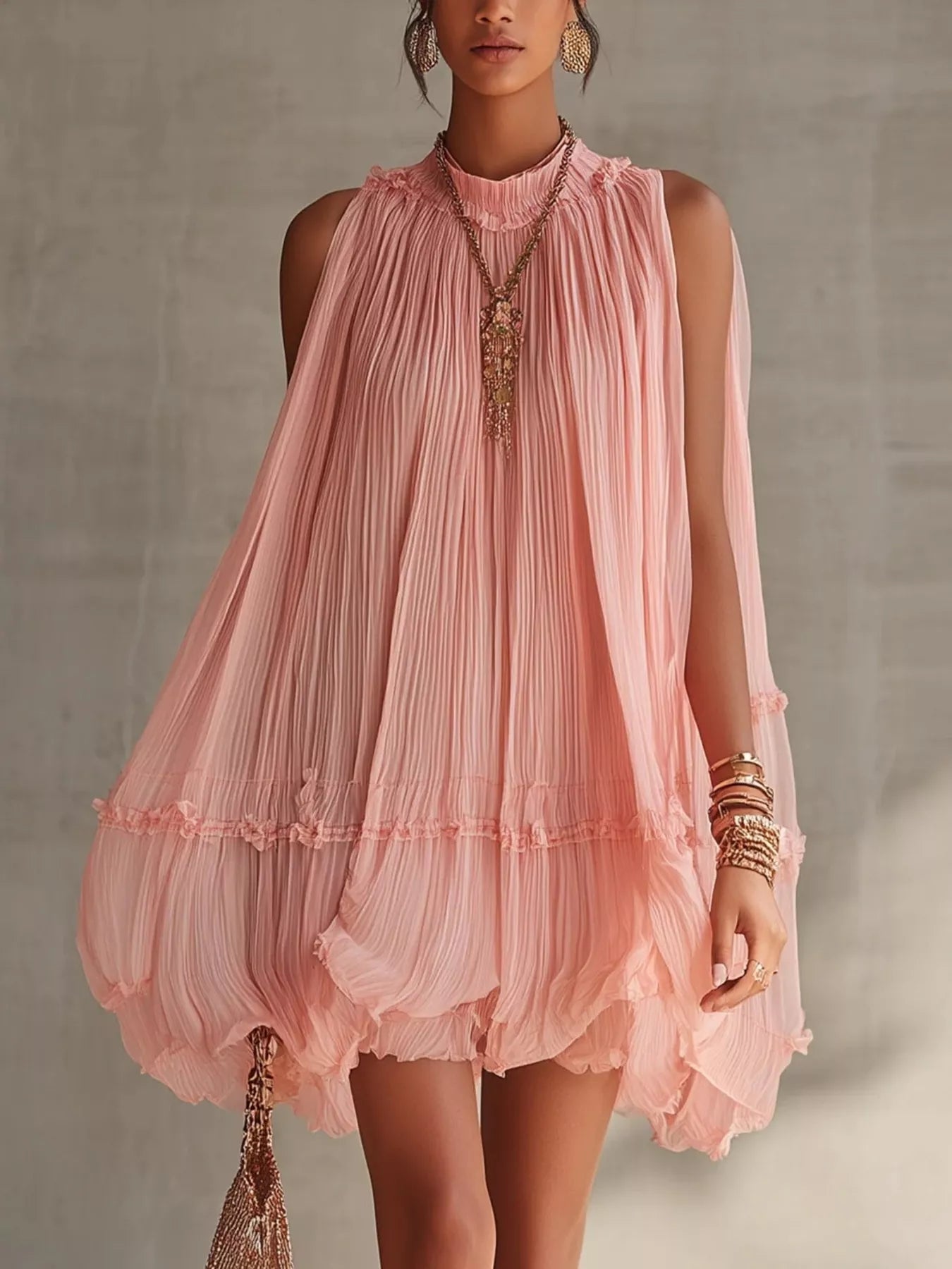 Trendsi Pleated Mock Neck Sleeveless Mini Dress -