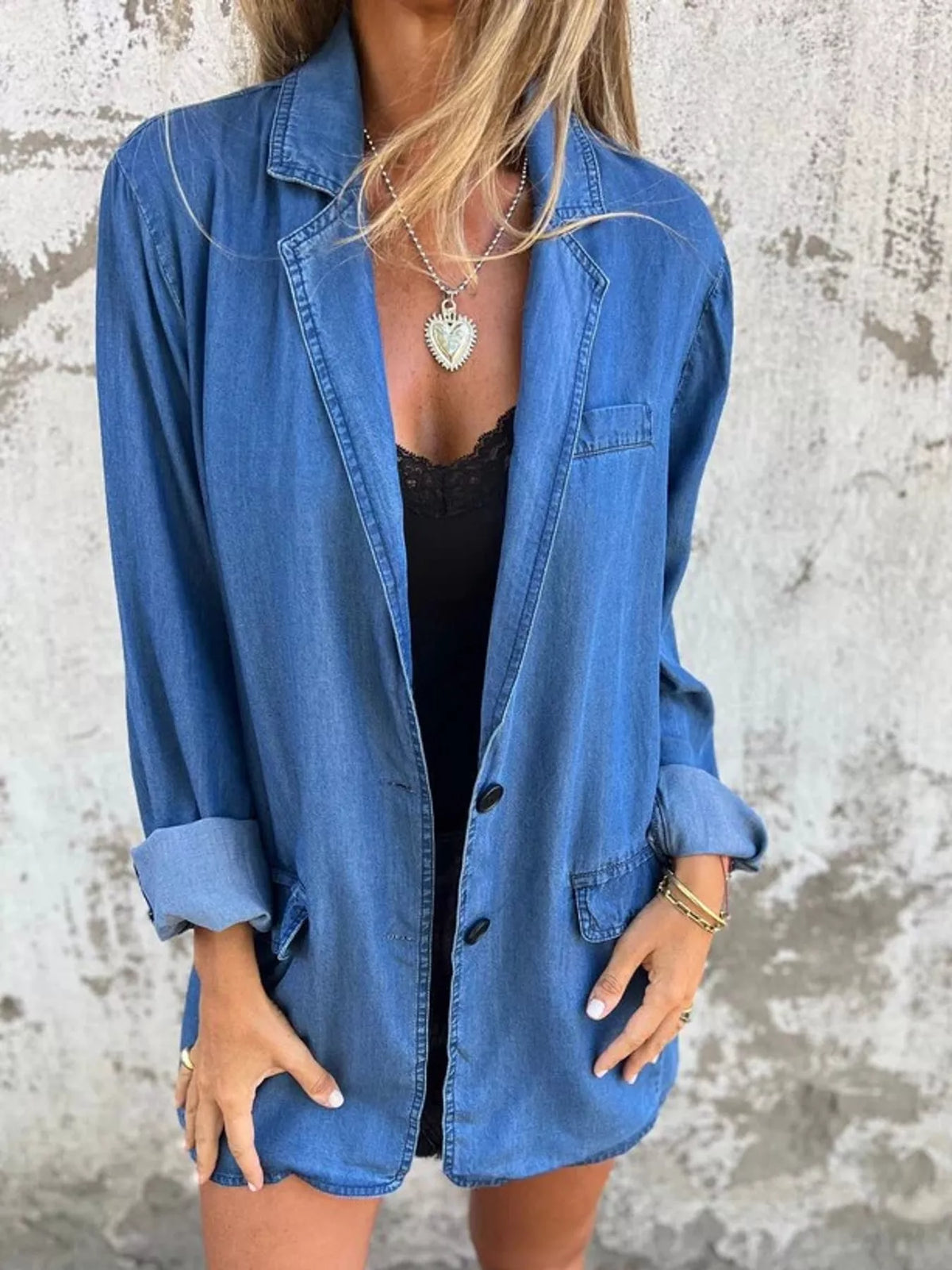 Lapel Collar Long Sleeve Denim Blazer in blue