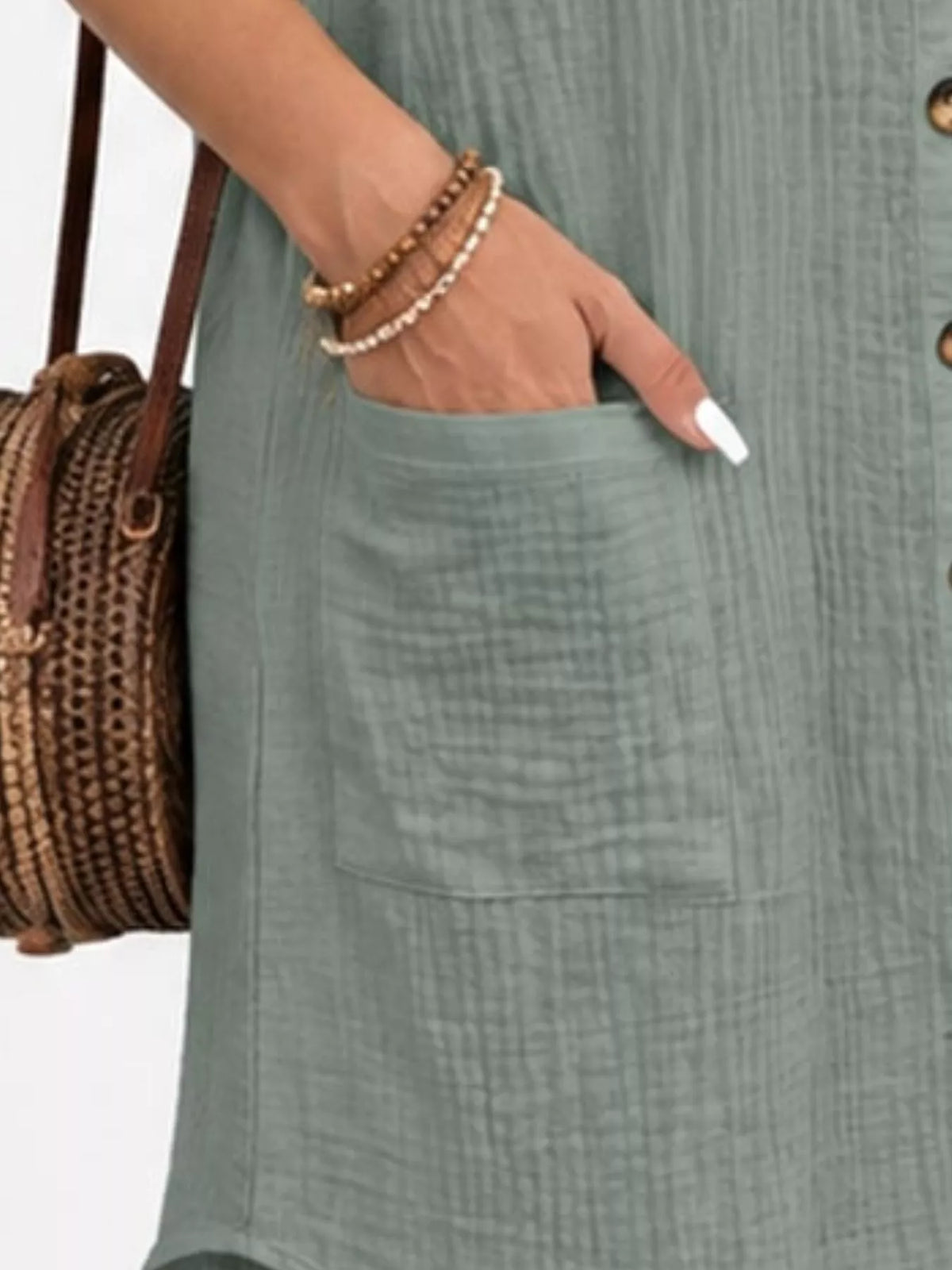 Sage textured button-front shirt dress with pockets, patch pocket detail