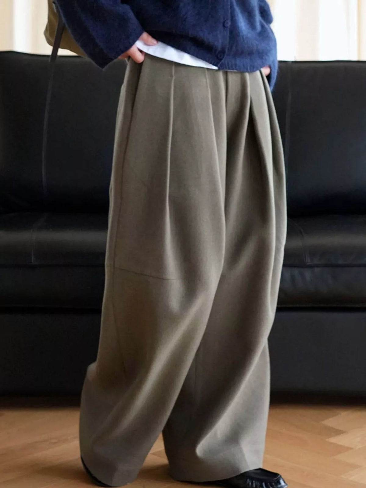 Pleated Wide-Leg Pants in gray-green, front view