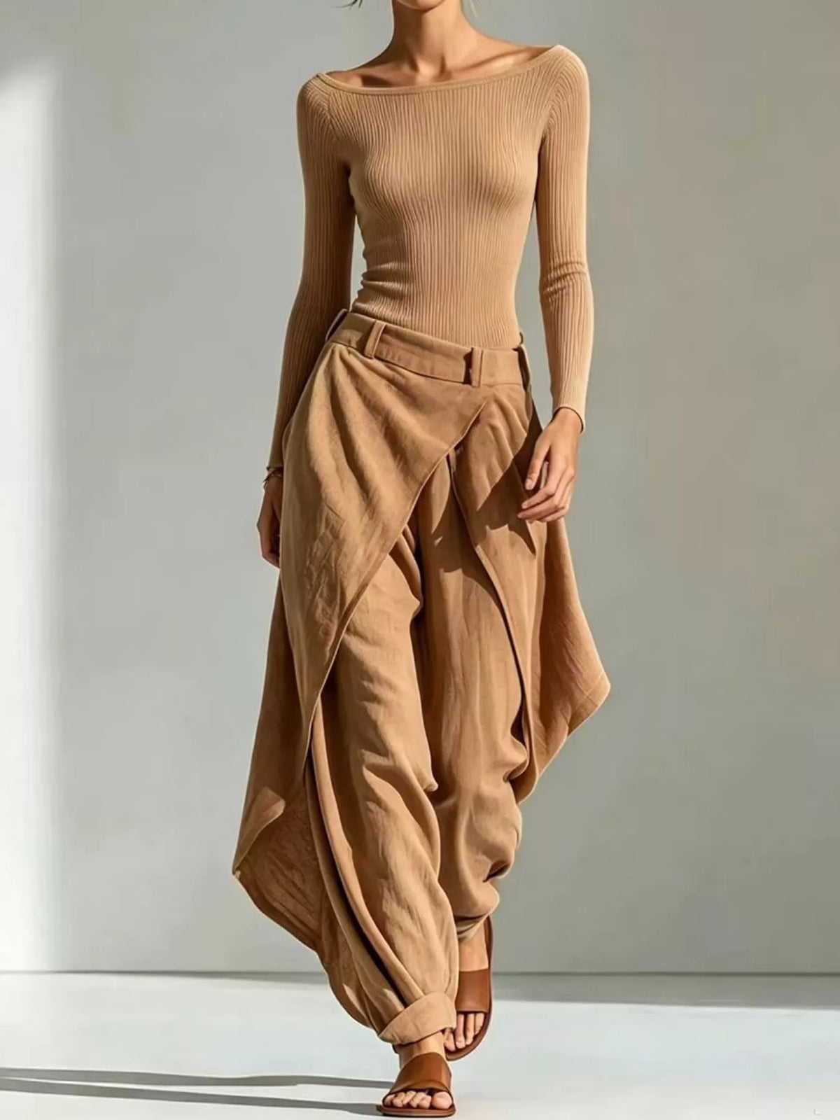 Tan boat neck long sleeve top and wrap pants set — front view