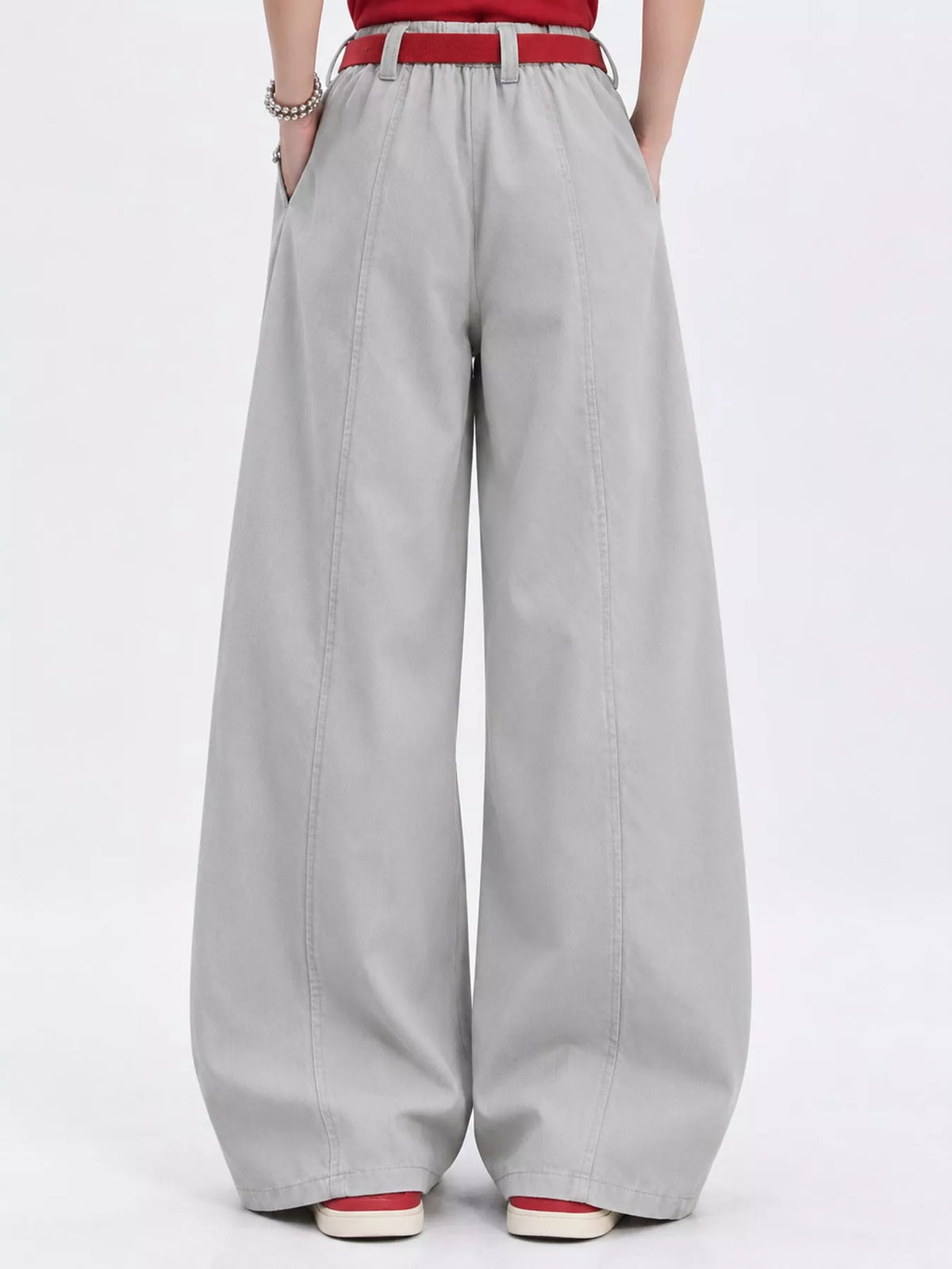 Gray wide-leg pants, back view