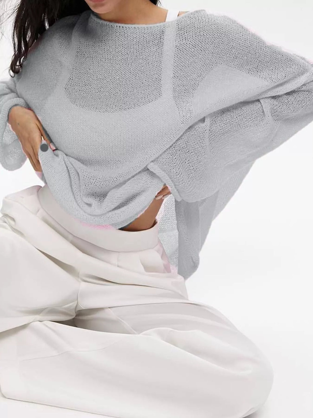 Light gray sheer openwork knit long sleeve top