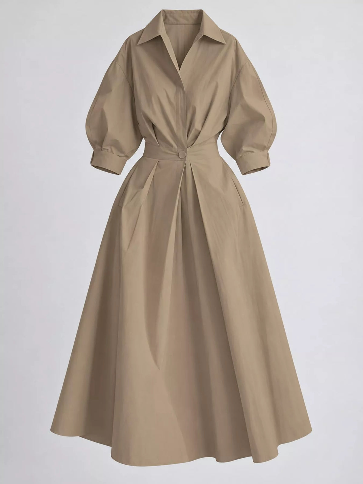 Collared Three-Quarter Sleeve Midi Shirt Dress — garment front