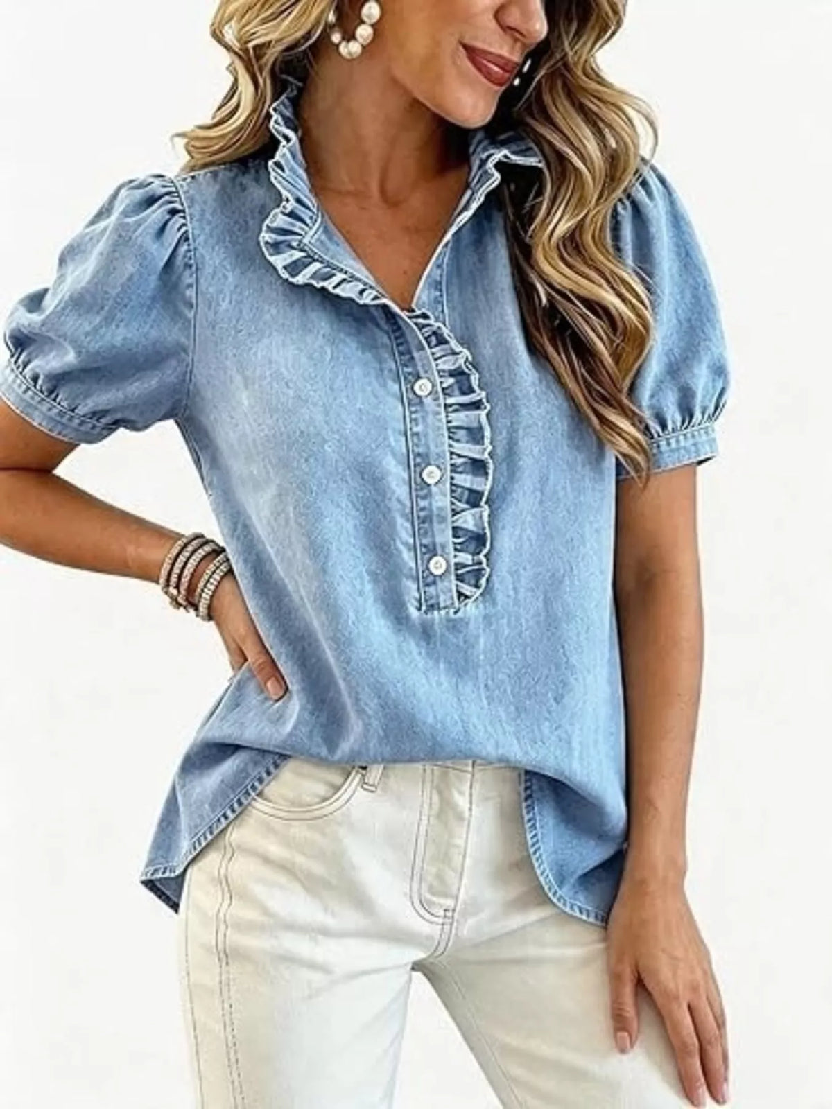 Trendsi Frill Puff Sleeve Denim Top -