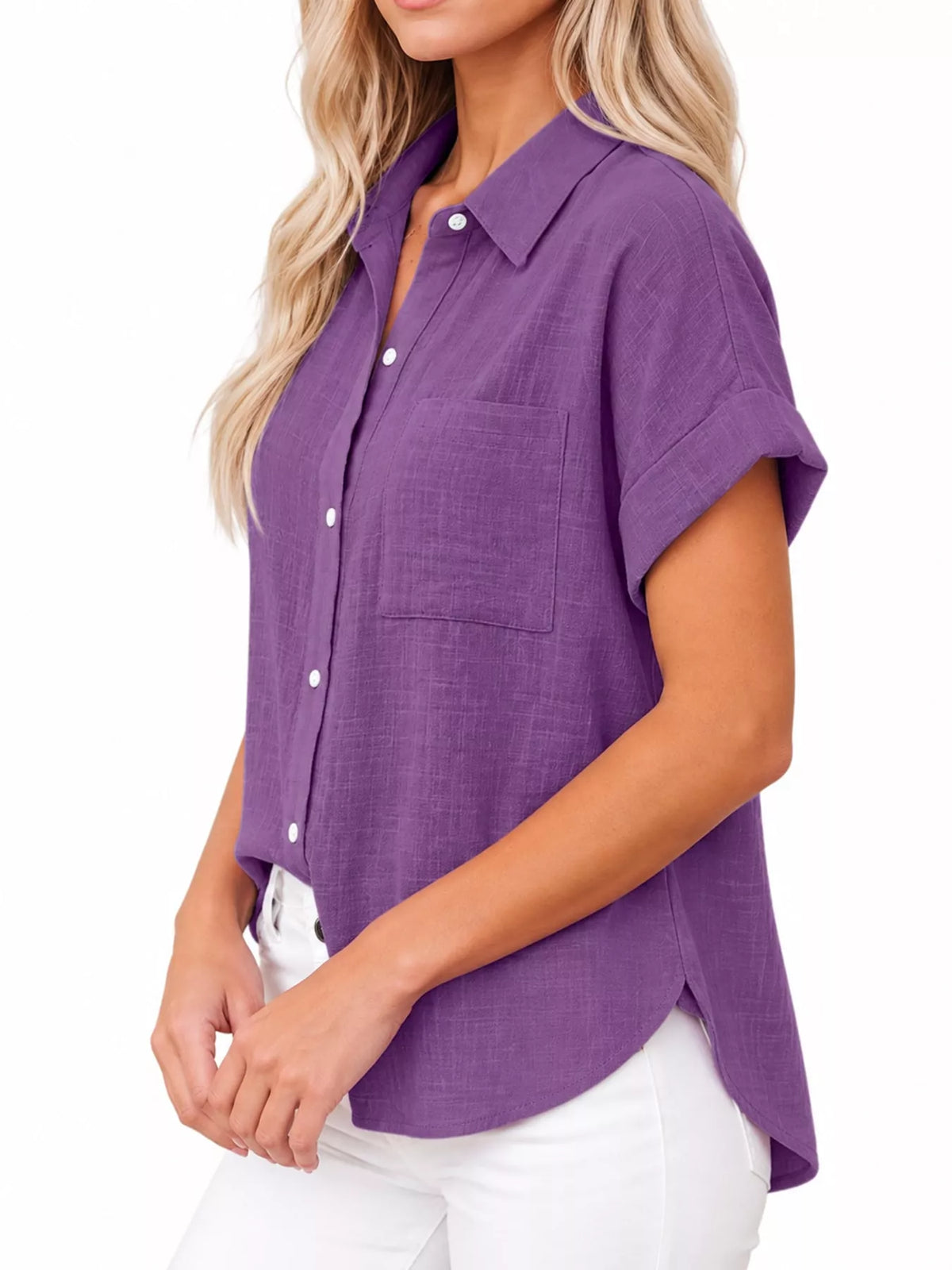 Women's Button Up Short Sleeve Shirt in purple — side view
