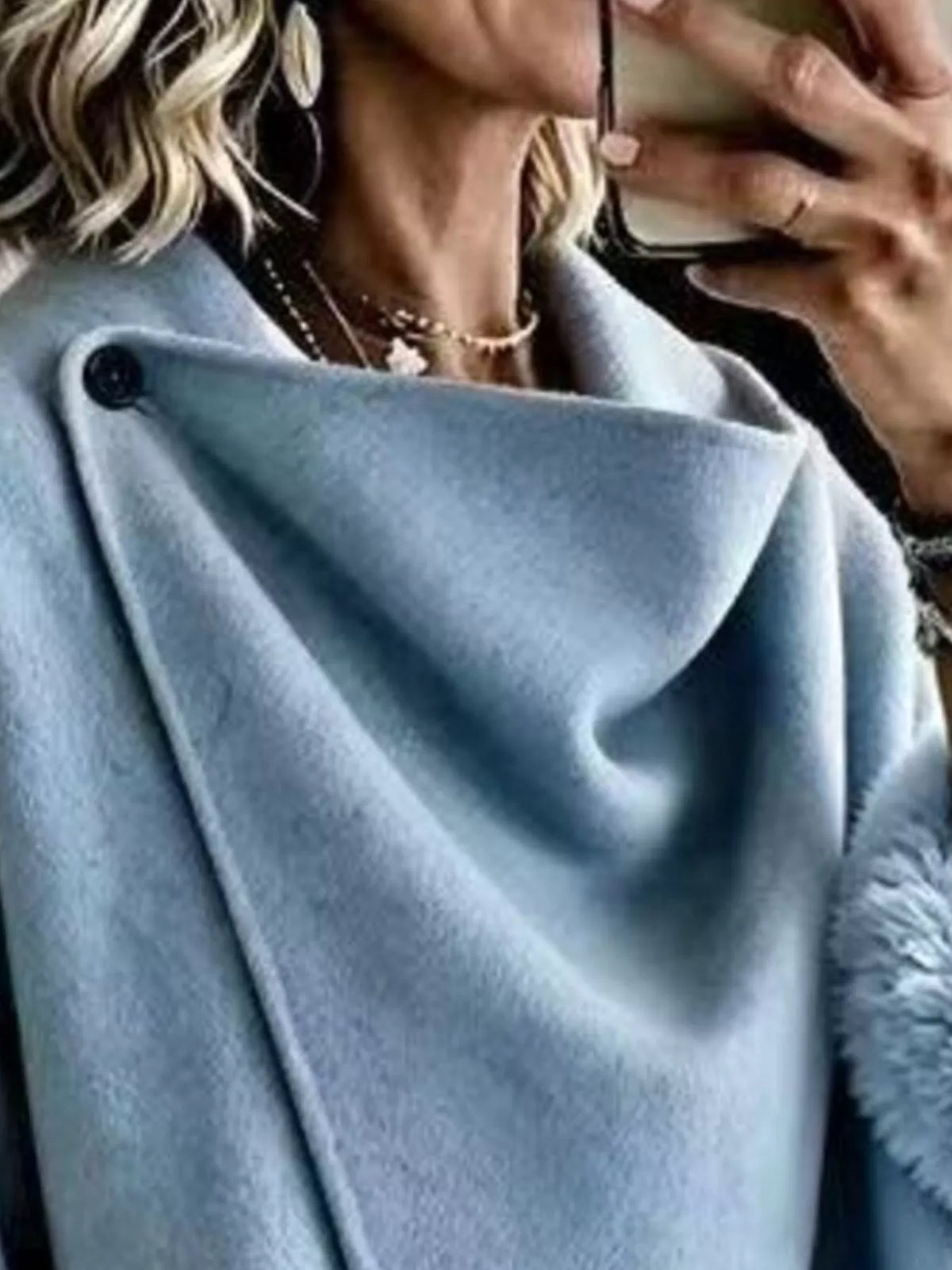 Asymmetric Buttoned Jacket with Faux Fur Cuffs, neckline detail
