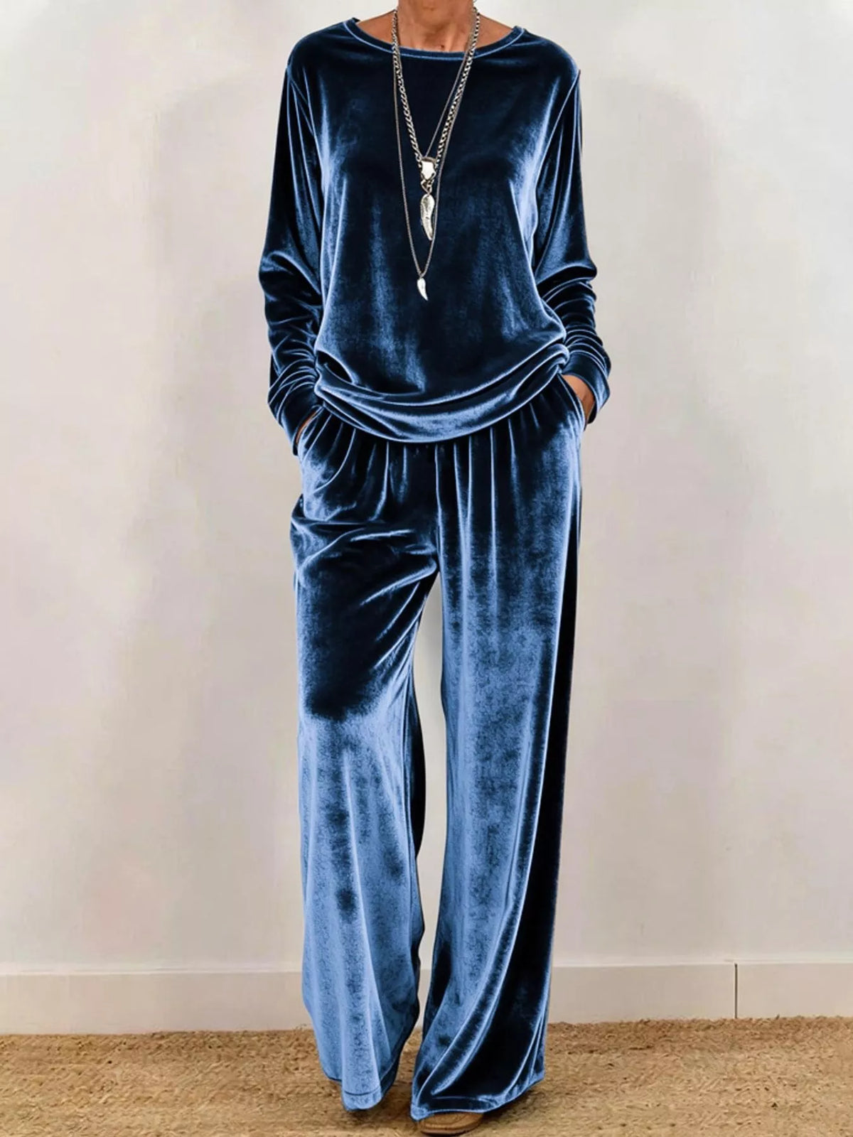 Velvet Long Sleeve Top and Wide-Leg Pants Set — front view