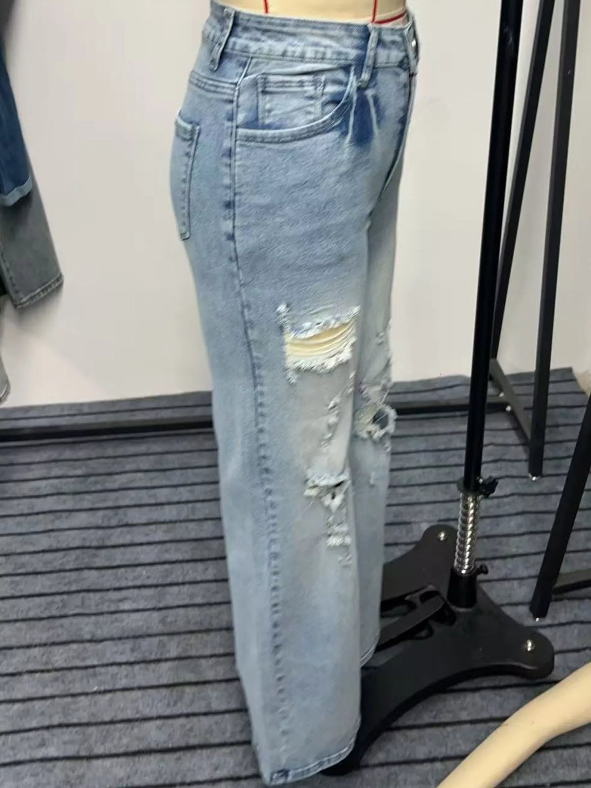 Mid-Rise Distressed Wide-Leg Jeans, side view