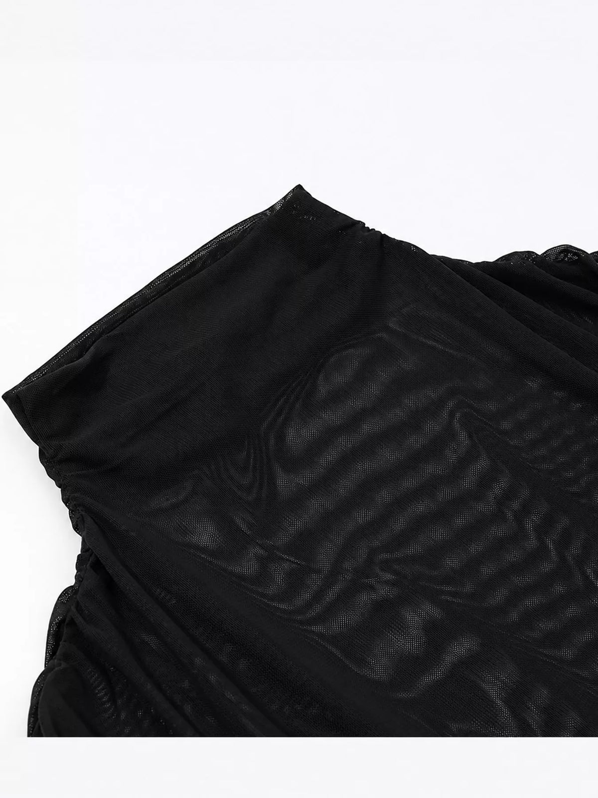 Black mock neck ruched maxi dress, detail view