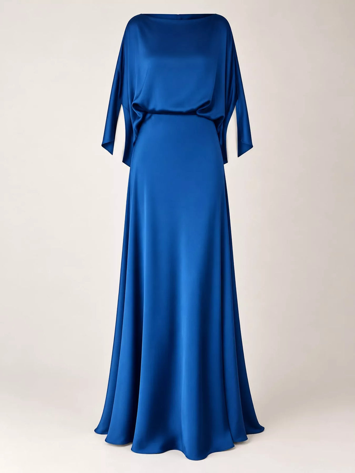 Blue satin cape sleeve maxi dress, front view