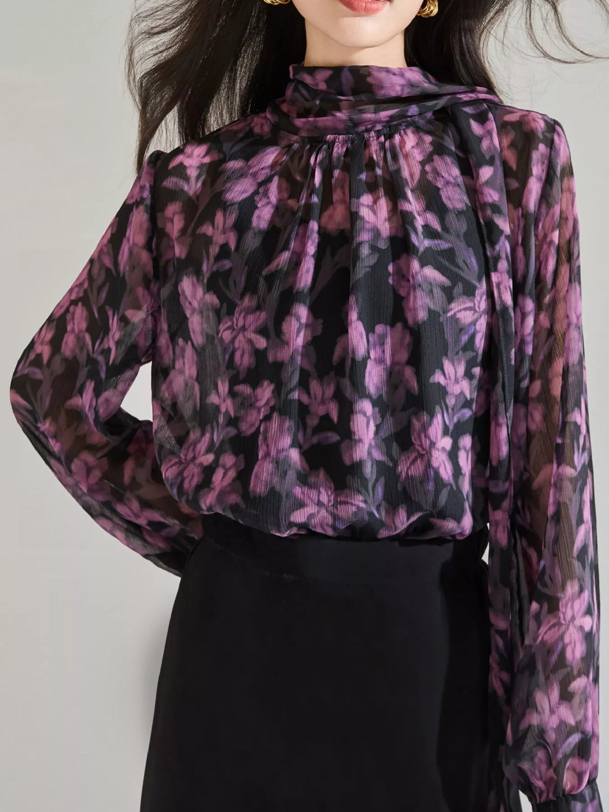 Floral Print Chiffon Blouse with Tie-Neck Detail in purple