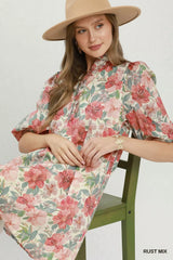 Trendsi Umgee Mix Floral Print Smocked Cuff Mini Dress - Dresses