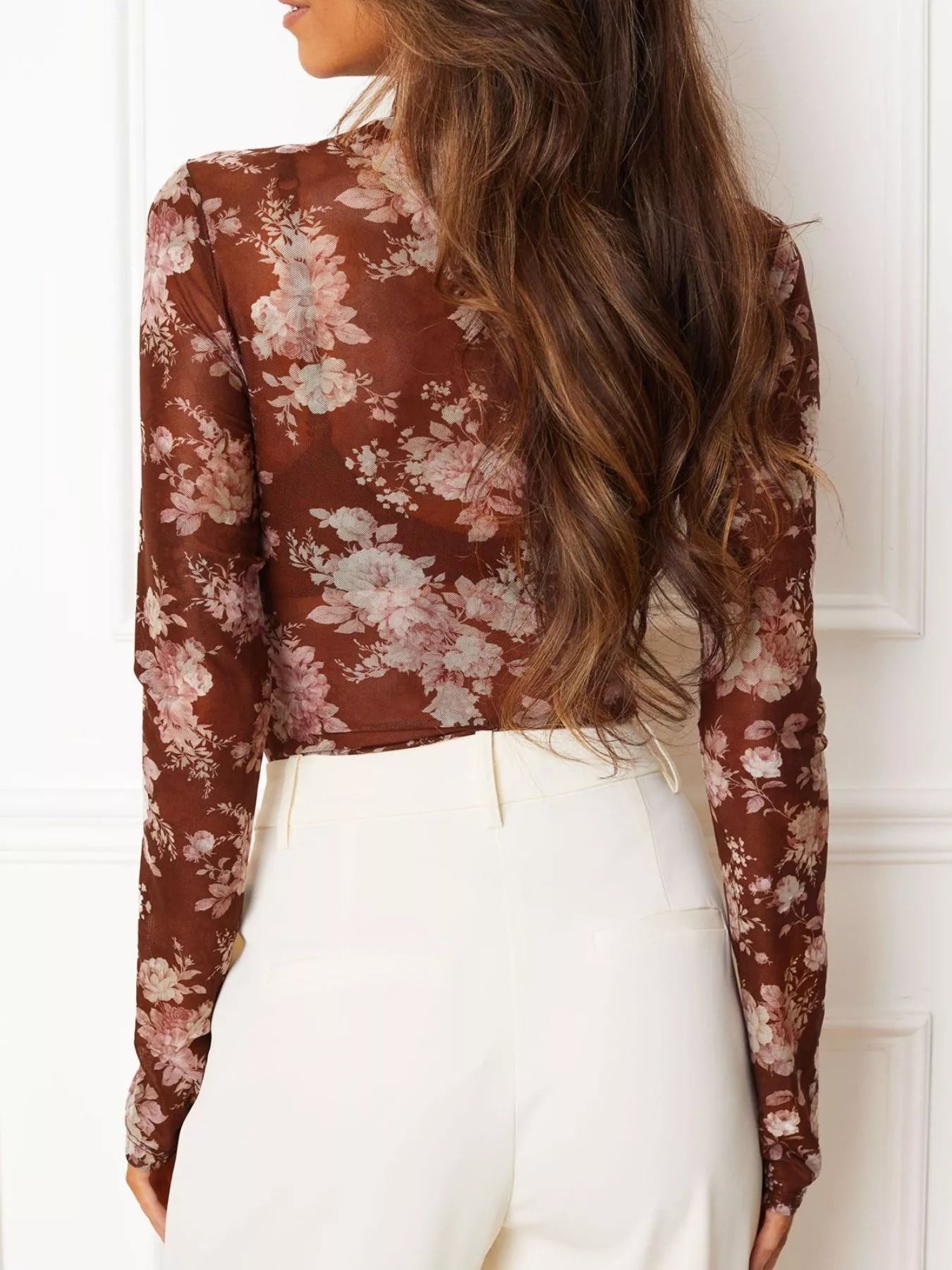 Trendsi Floral Print Sheer Mesh Long Sleeve Mock Neck Top -