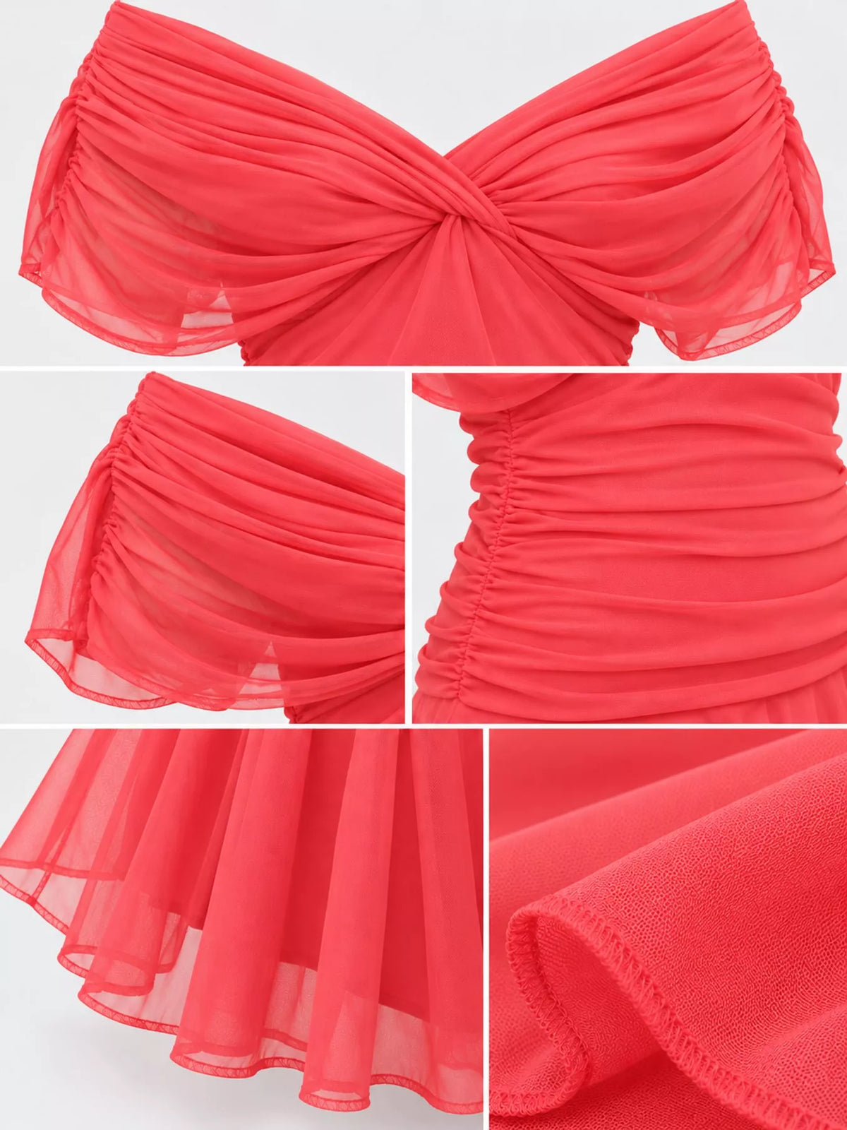 Red off shoulder ruched tulle evening dress, detail view