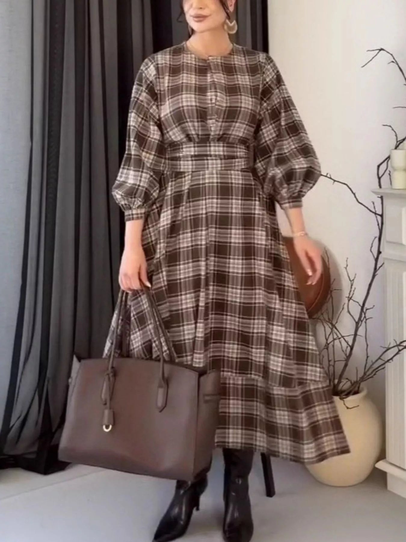 Trendsi Vintage Plaid Puff Sleeve Midi Dress -