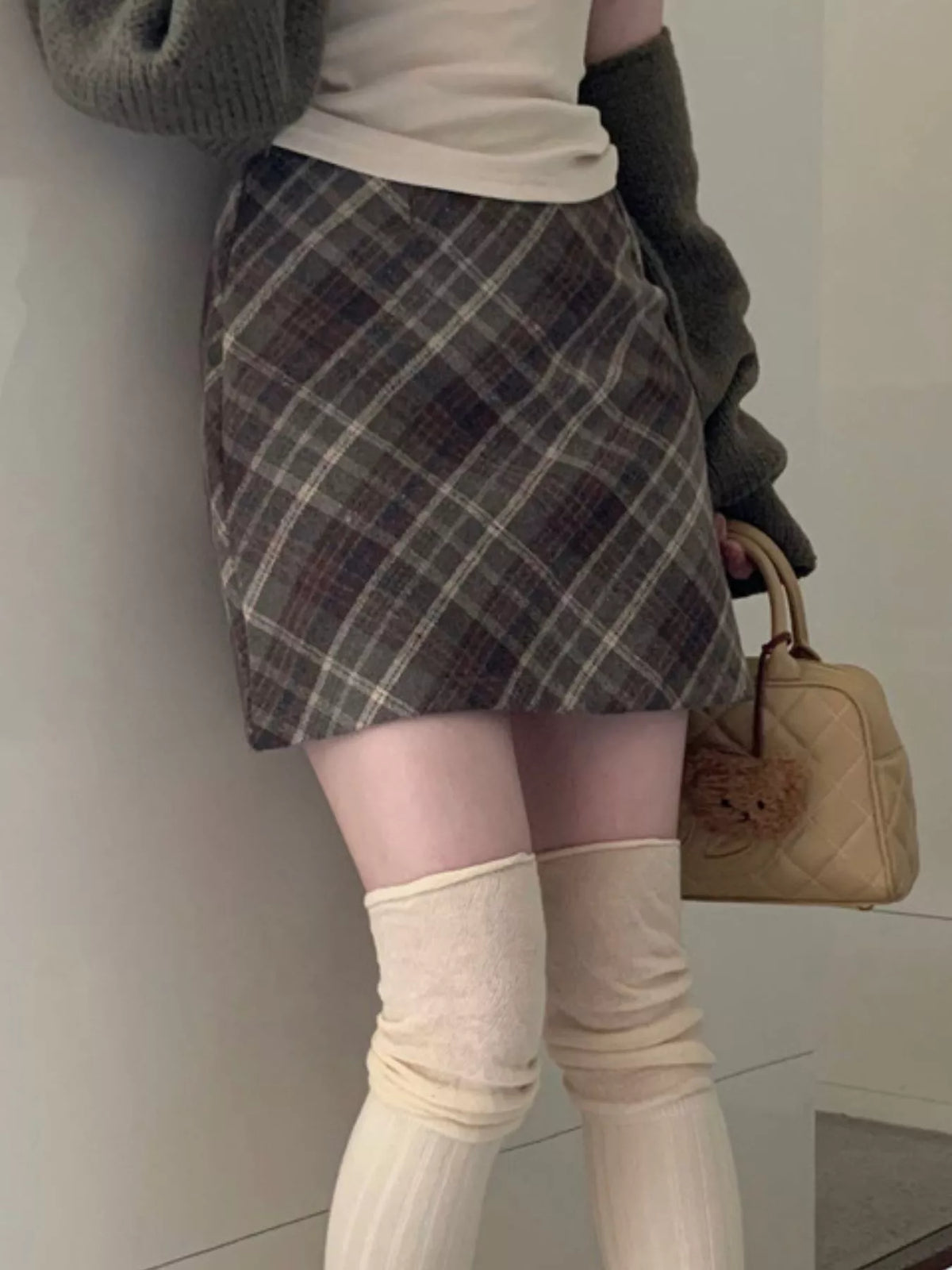 Coffee vintage plaid a-line mini skirt