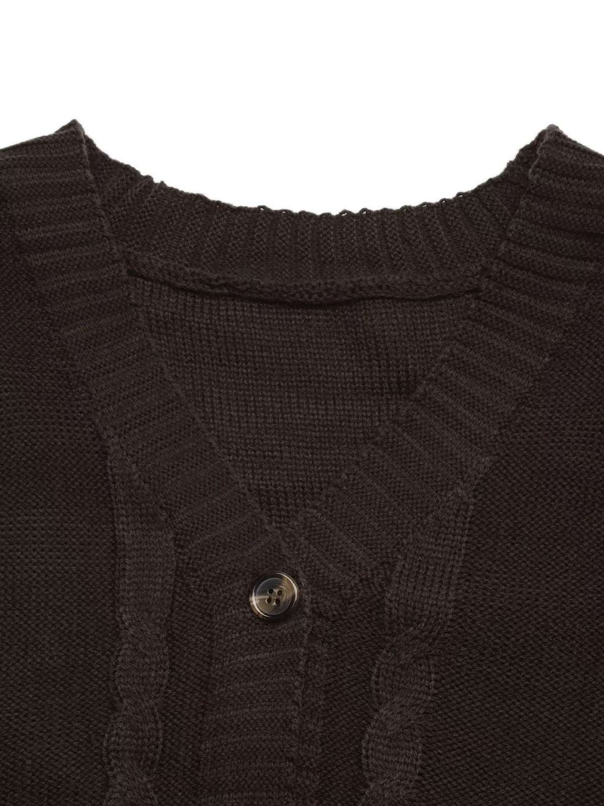 Brown V-neck cable knit cardigan, V-neckline detail