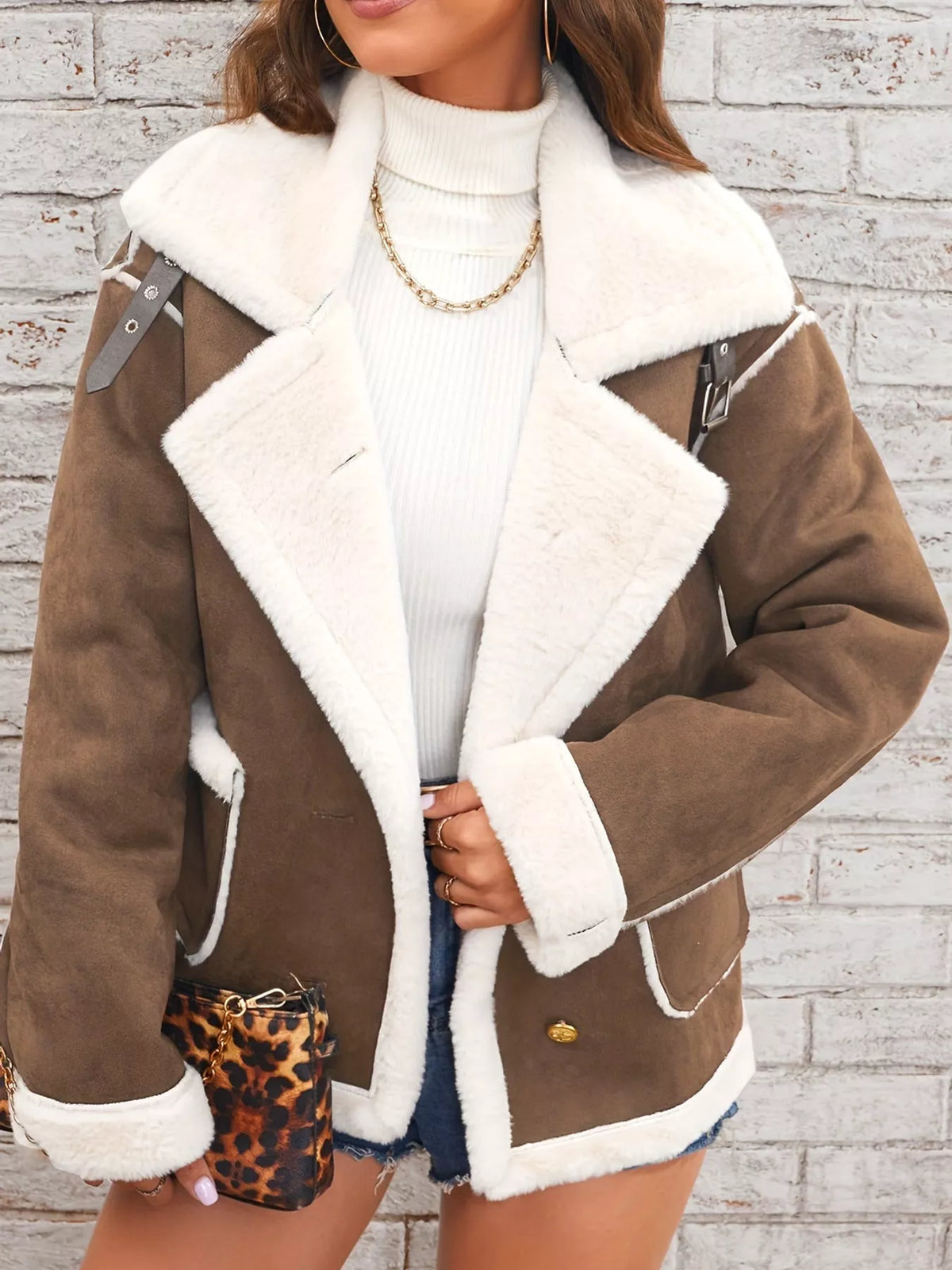 Brown plush-lined button-front jacket — front view
