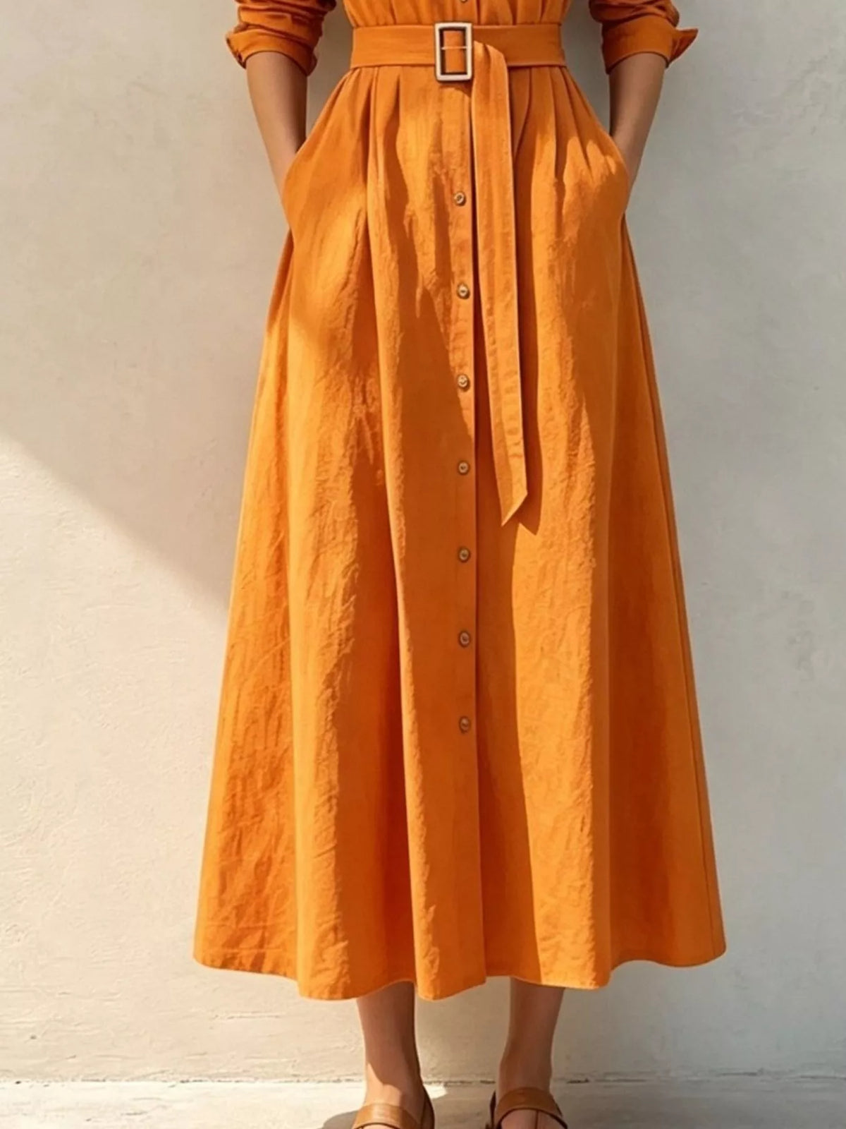 Button-Down Midi Shirt Dress with Pockets, waist and pocket detail