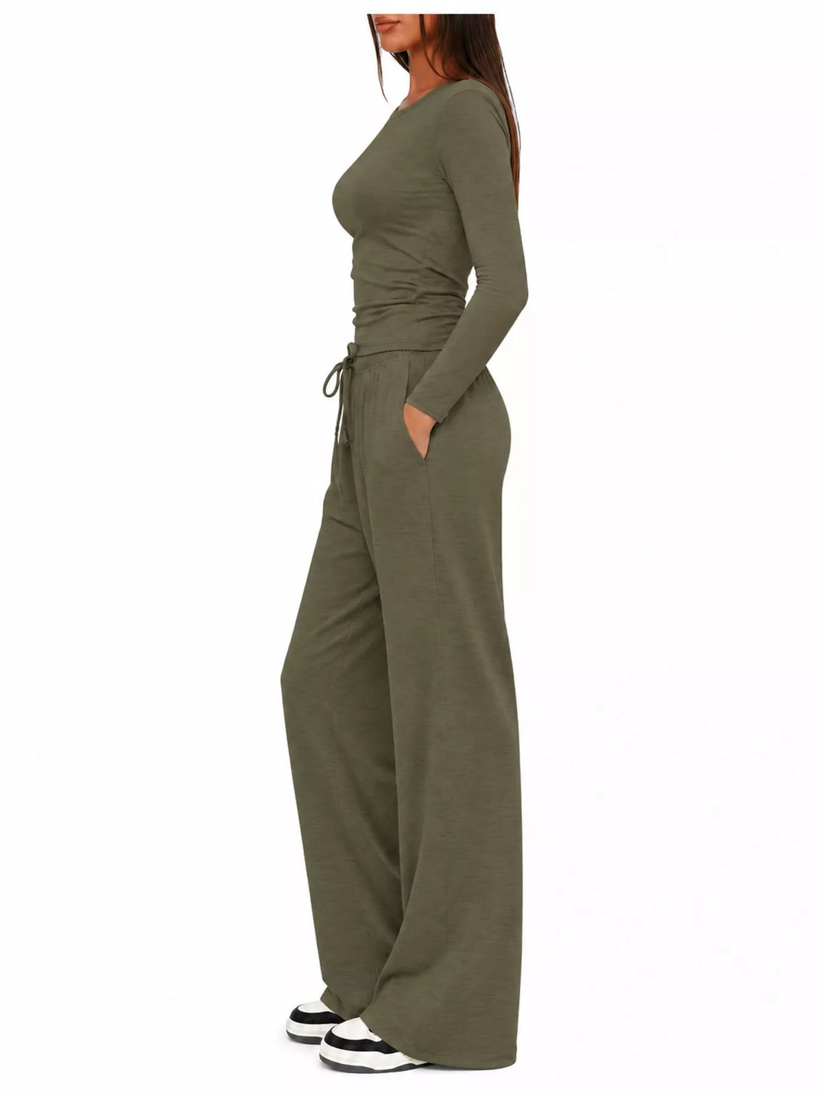 Long Sleeve Ruched Top and Wide-Leg Drawstring Pants Set — side view