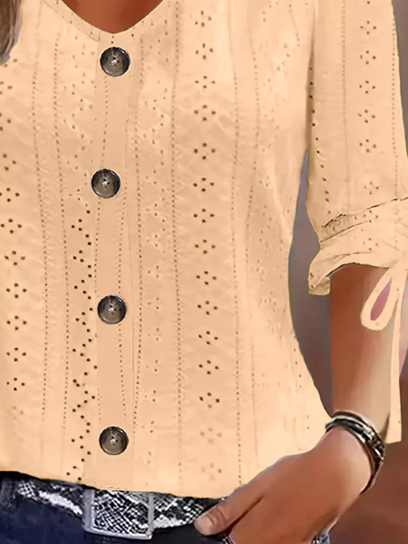 Trendsi Eyelet Tie-Sleeve Detail Top -