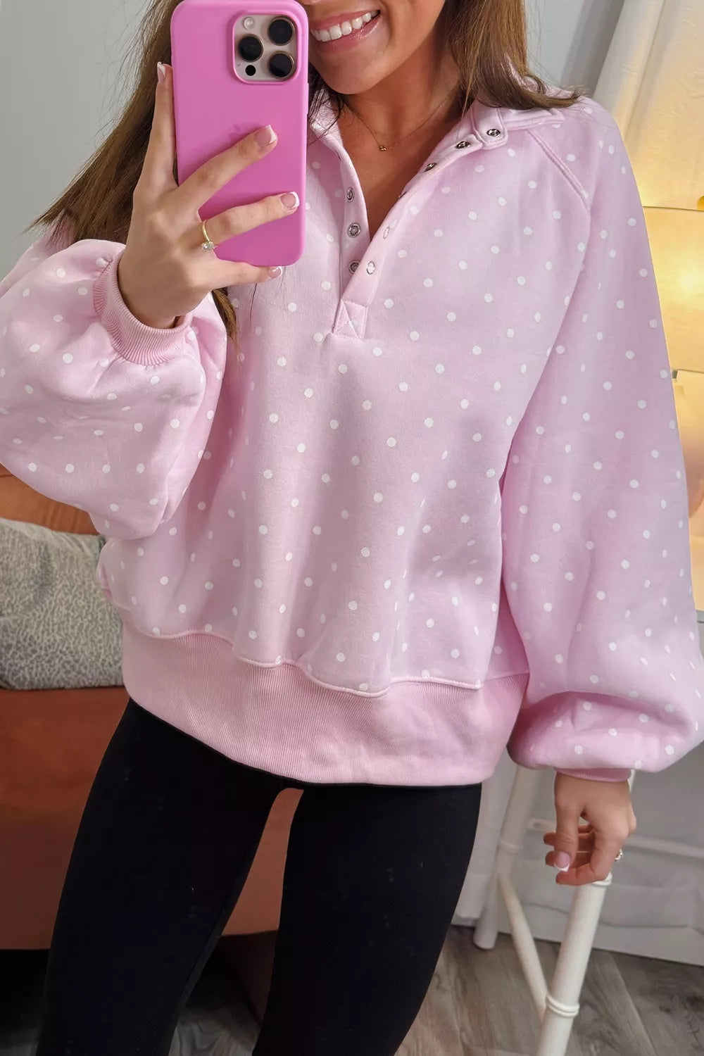 Trendsi Polka Dot Print Metal Button Collar Casual Pullover Sweatshirt - Shirts