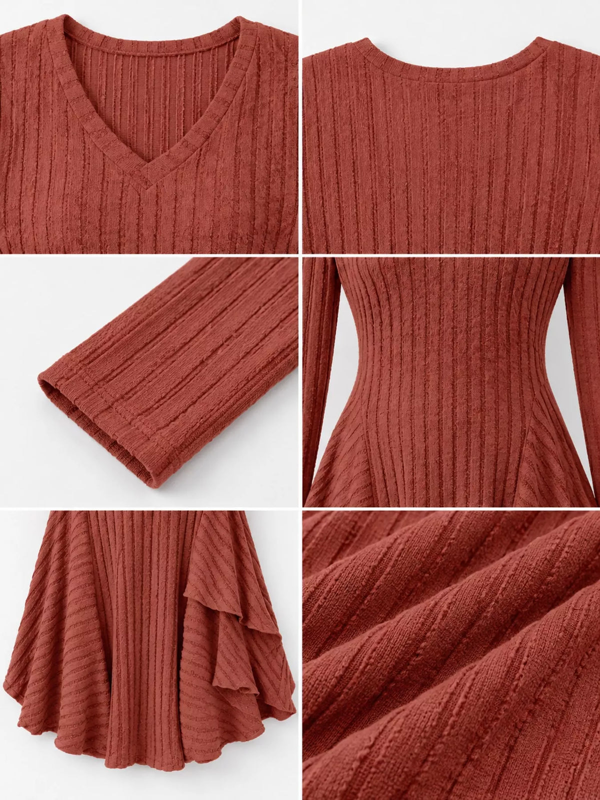 Ribbed mini dress, rust detail collage