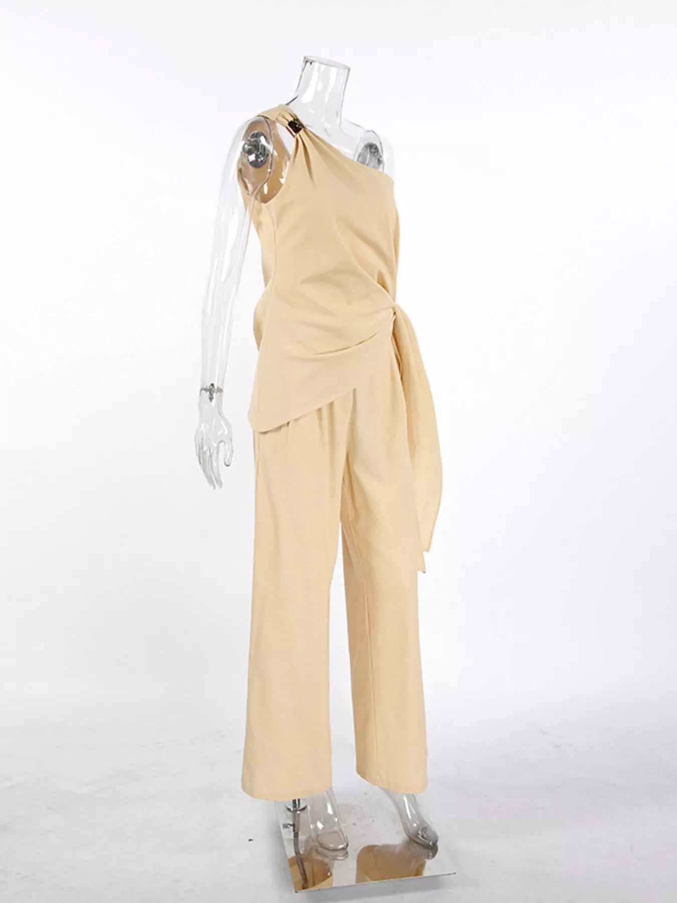 Trendsi One-Shoulder Tie-Waist Top and Wide-Leg Pants Set -