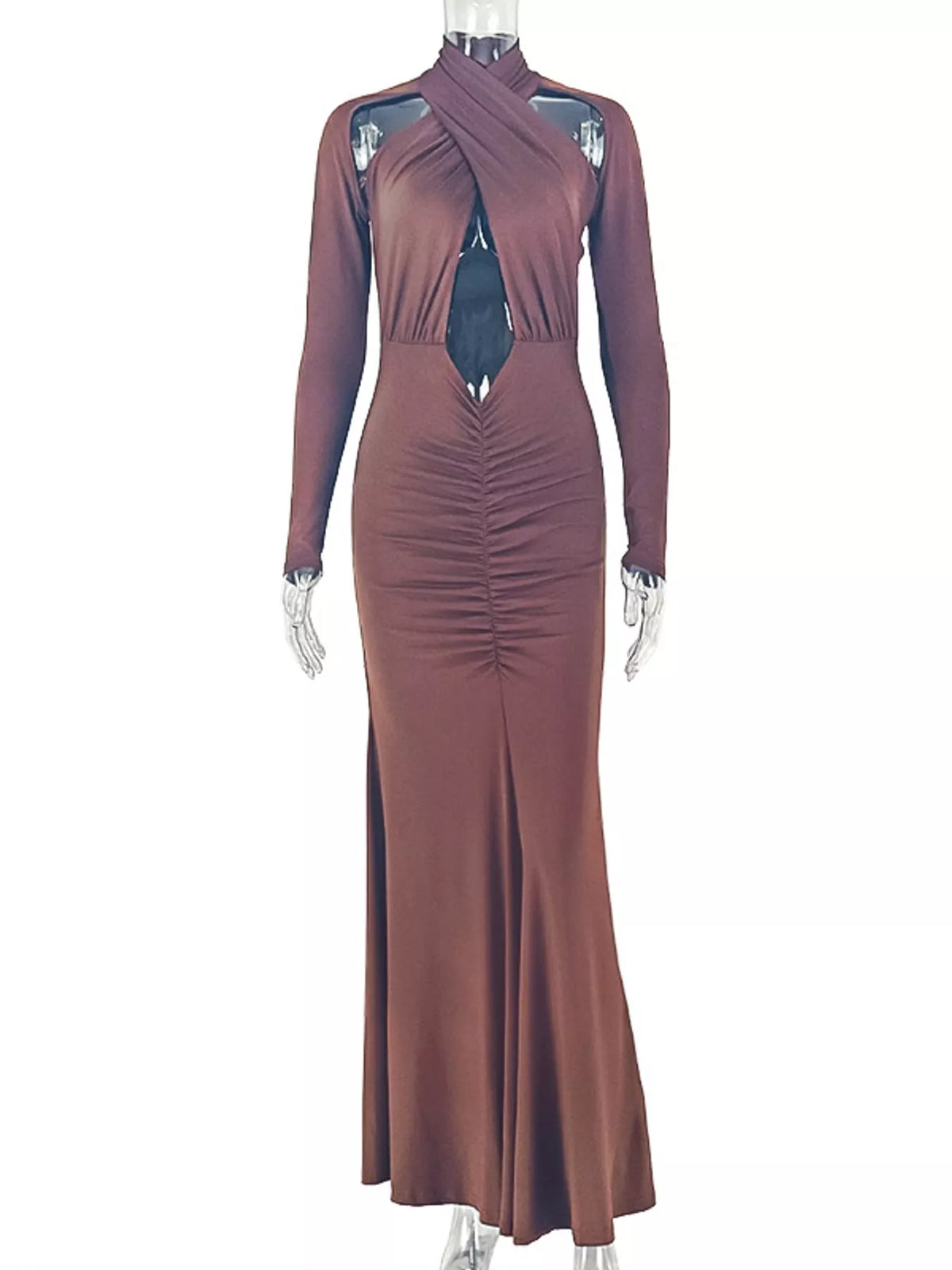Brown long sleeve cutout ruched maxi dress, front view