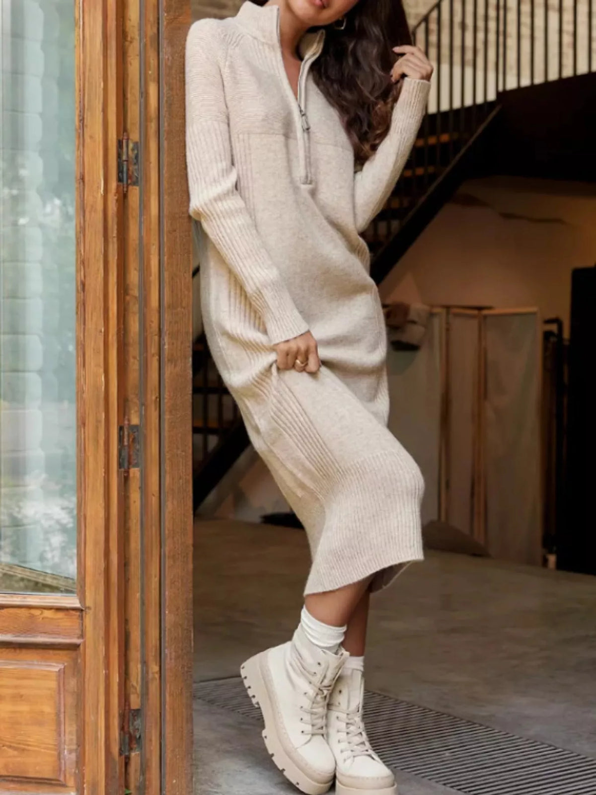 Cream half-zip ribbed knit sweater dress — front view