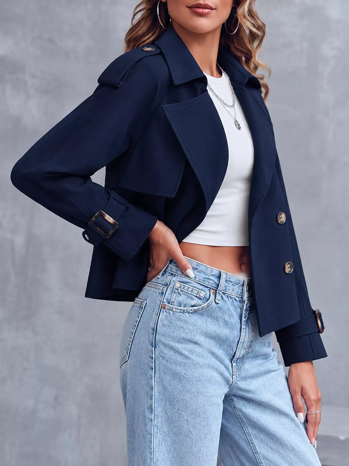 Women's Double-Breasted Cropped Trench Coat in navy — side view