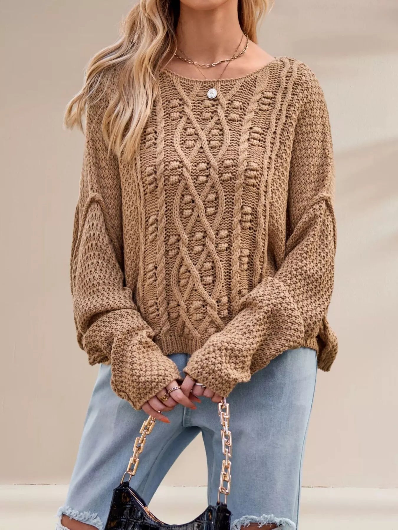 Trendsi Cable Knit Dropped Shoulder Sweater -