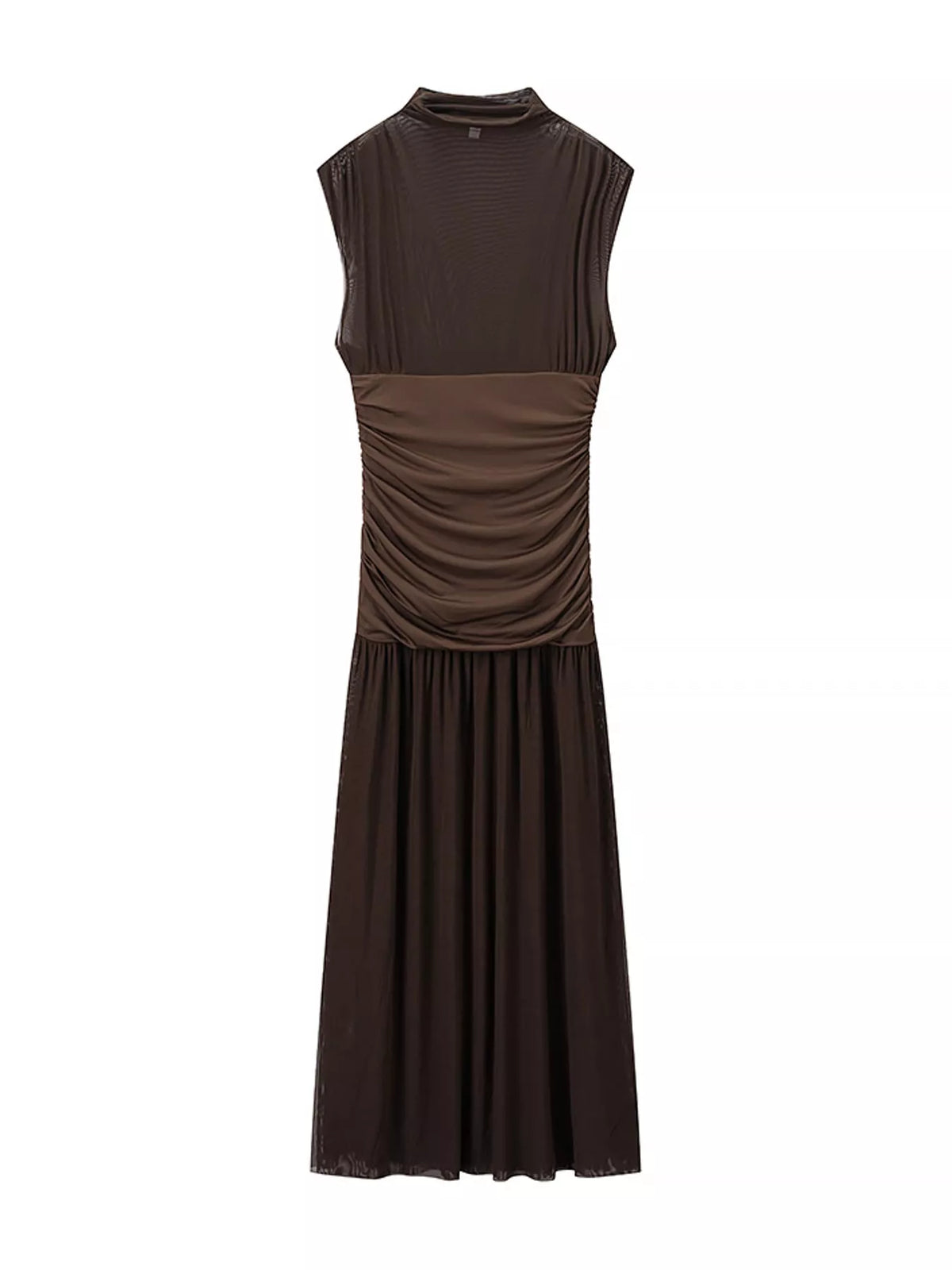 Brown mock neck ruched maxi dress, front view