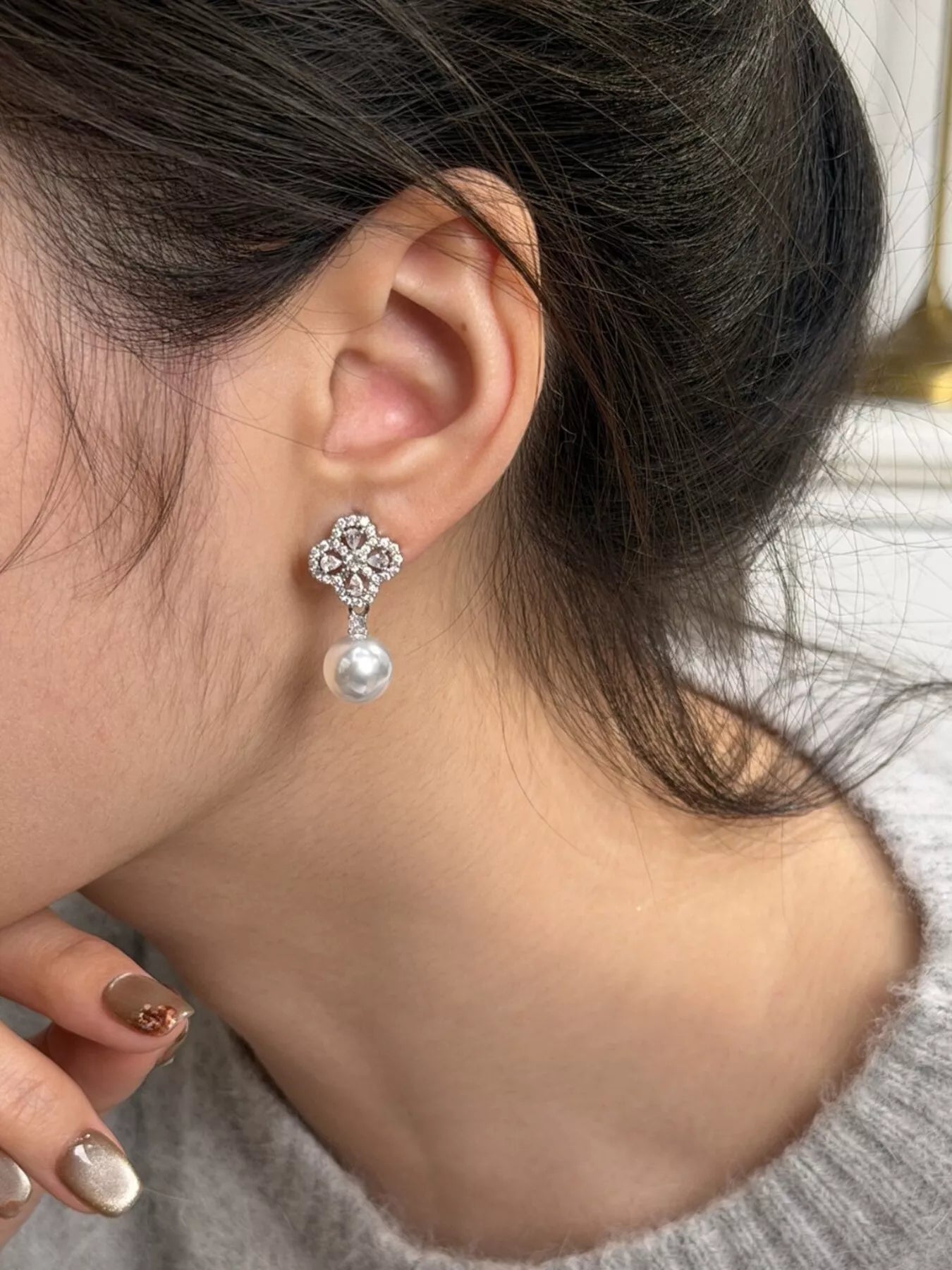 Trendsi Zircon Four Leaf Clover Pearl Drop Earrings -