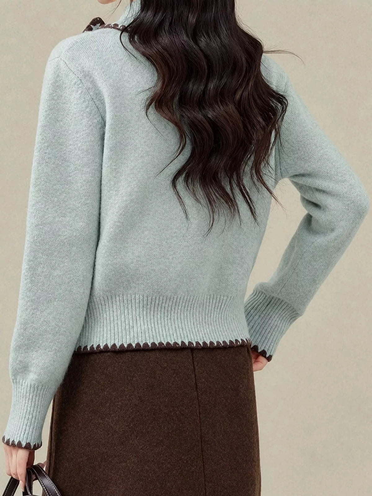 Contrast-Trimmed Scarf Collar Cardigan, back view in light green