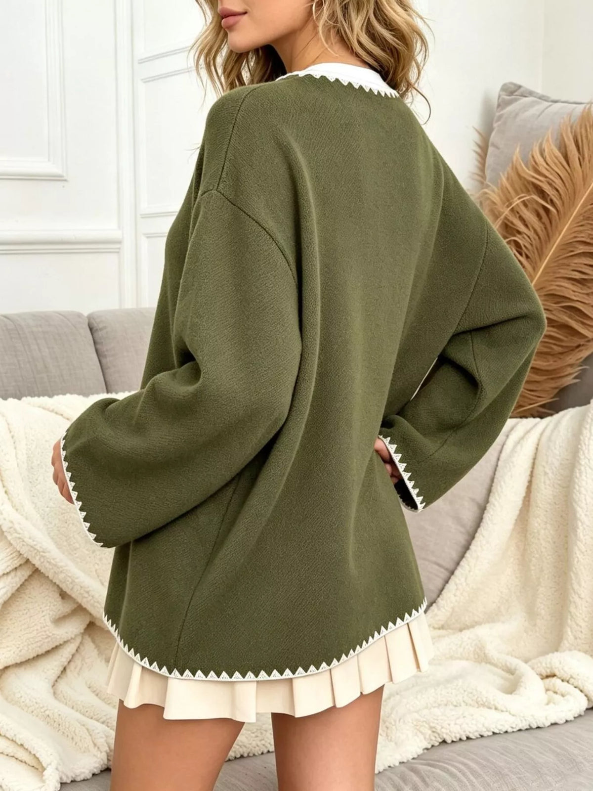 Olive green contrast trim button-front jacket, back view