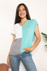 Trendsi Color Block V-Neck Knit Top - Shirts