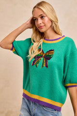 Trendsi BiBi Mardi Gras Sequin Ribbon Patched Sweater -