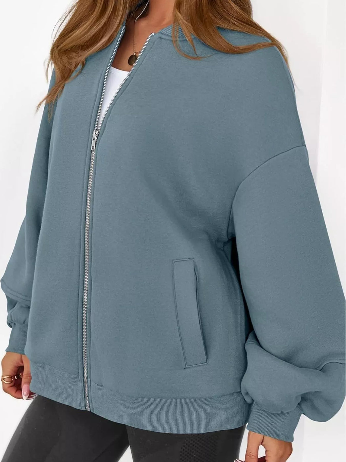 Blue-gray oversized zip-up jacket — front view