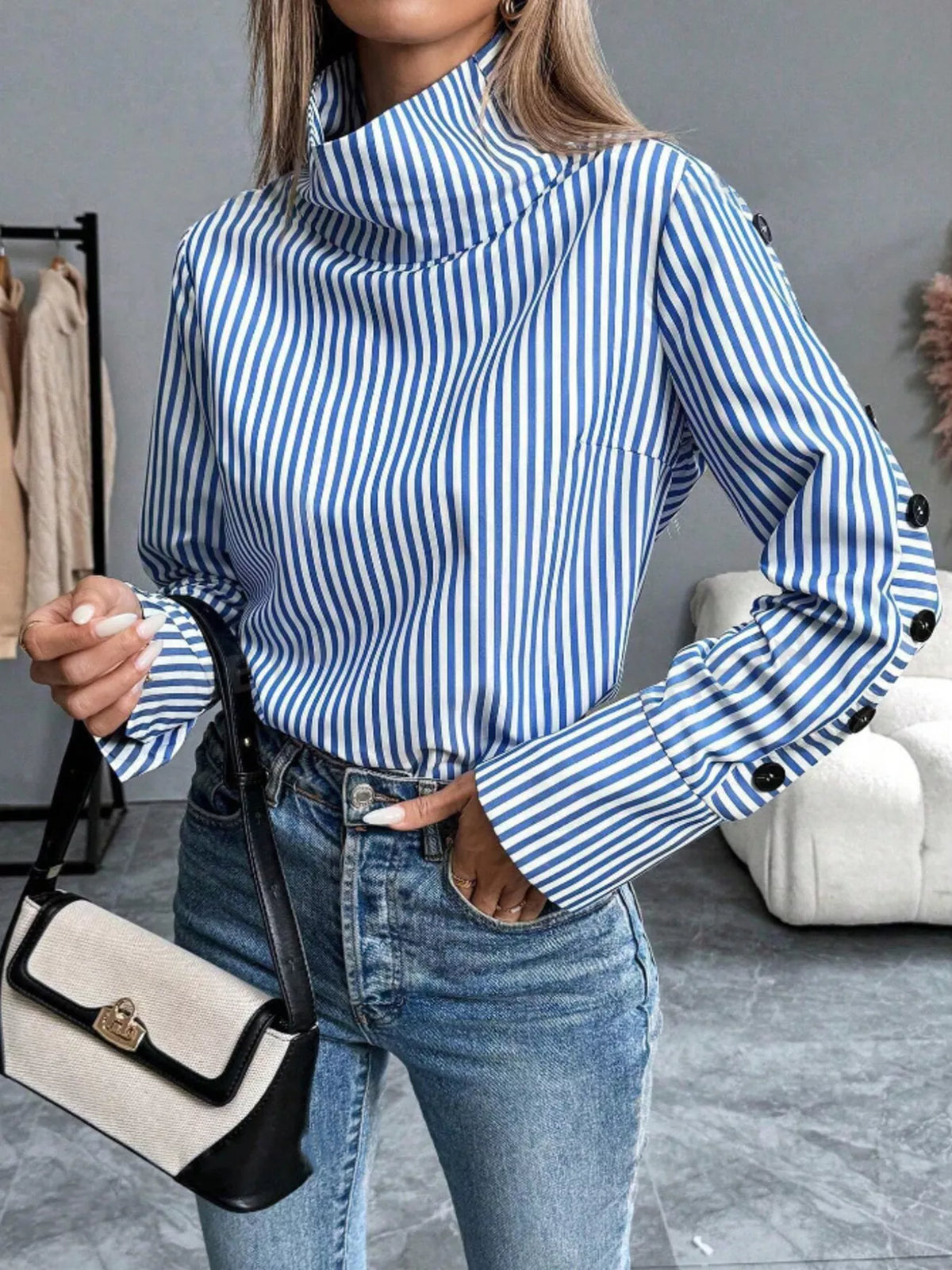 Trendsi Striped Turtleneck Long Sleeve Blouse -