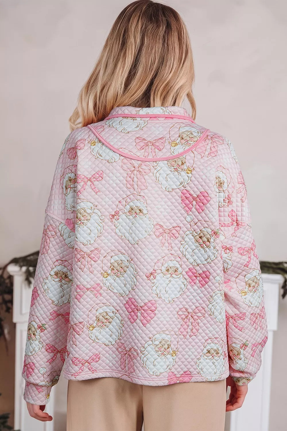 Pink Santa print christmas print quarter-zip sweatshirt — back view