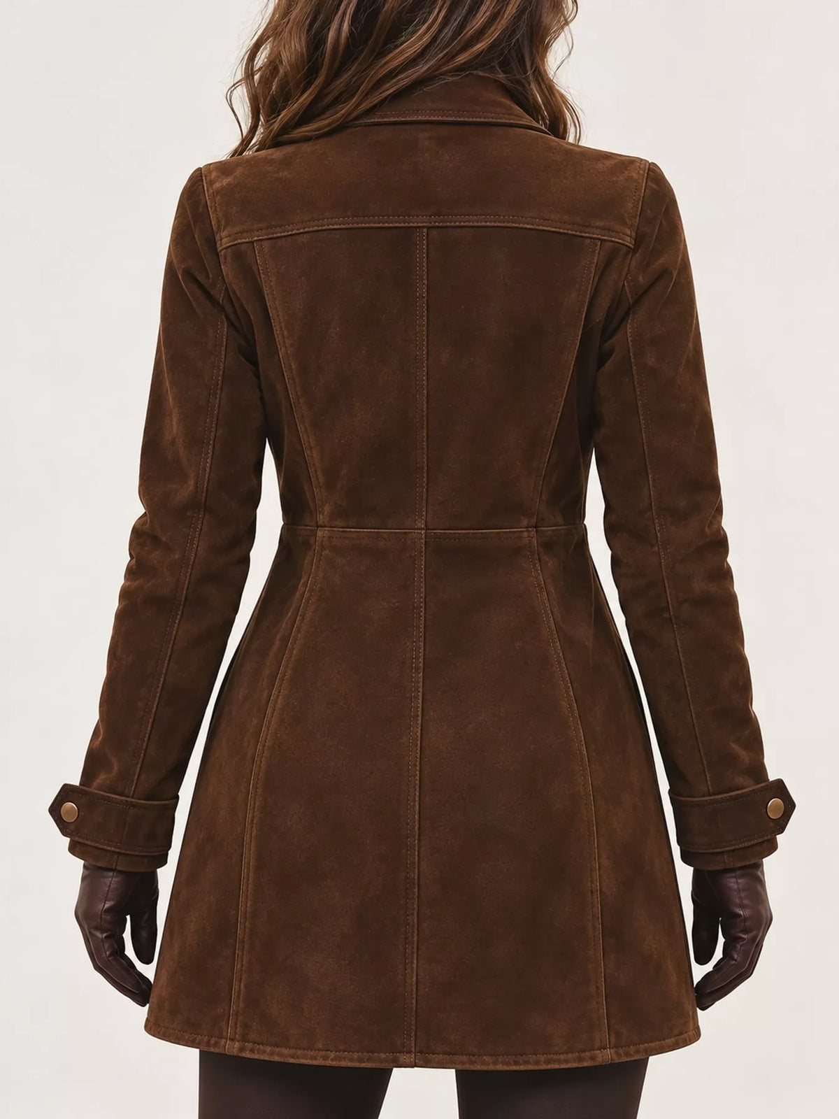 Brown long sleeve jacket with front pockets, back view
