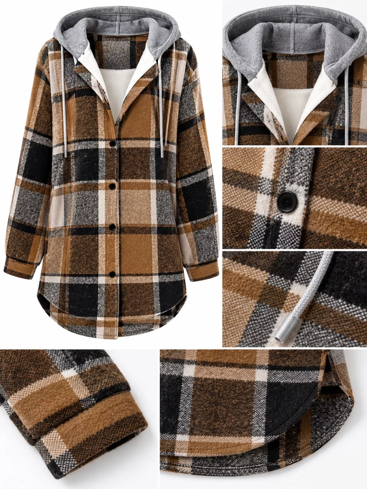 Button-Down Printed Contrast Hooded Shacket — garment construction details