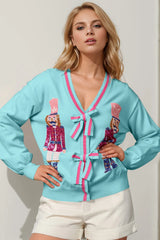 Trendsi Double Take Full Size Nutcracker Sequin Bow Decor Cardigan -