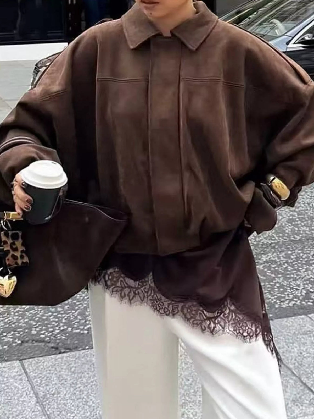 Cropped zip jacket, brown open front